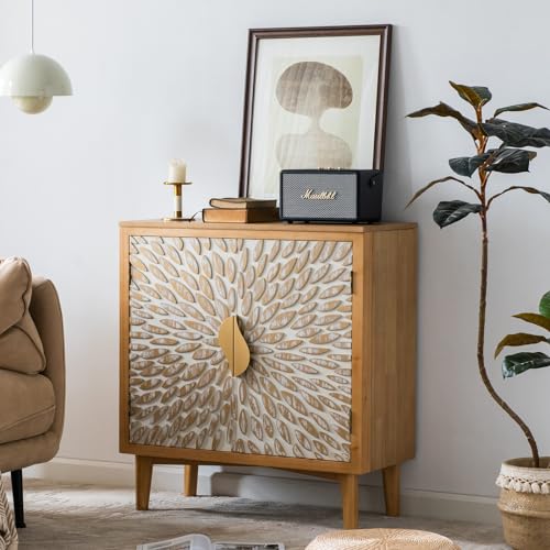 Farmhouse Sideboard with Leaf Design Doors, Decorative Storage Cabinet Freestanding Buffet Sideboard Credenza with Wood Legs for Living Room, Kitchen, Dining, Office and Entryway