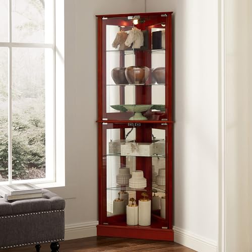 Henf 72" Tall Corner Cabinet with LED Light, Lighted Glass Display Curio Cabinet with Glass Doors, Adjustable Shelves and Mirrored Back Panel,Curved Wood Corner 6-Tier Storage Cabinet for Living Room