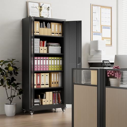 Aobabo Garage Storage Cabinet with Wheels,72" H Metal Storage Cabinet with 2 Doors and 4 Adjustable Shelves for Garage Home, Black,Required-Assembly