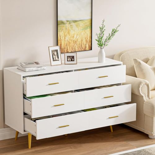 CARPETNAL White Dresser for Bedroom, 6 Drawer Dresser with Wide Drawers and Gold Metal Handles, Wood Dressers & Chest of Hallway, Entryway.