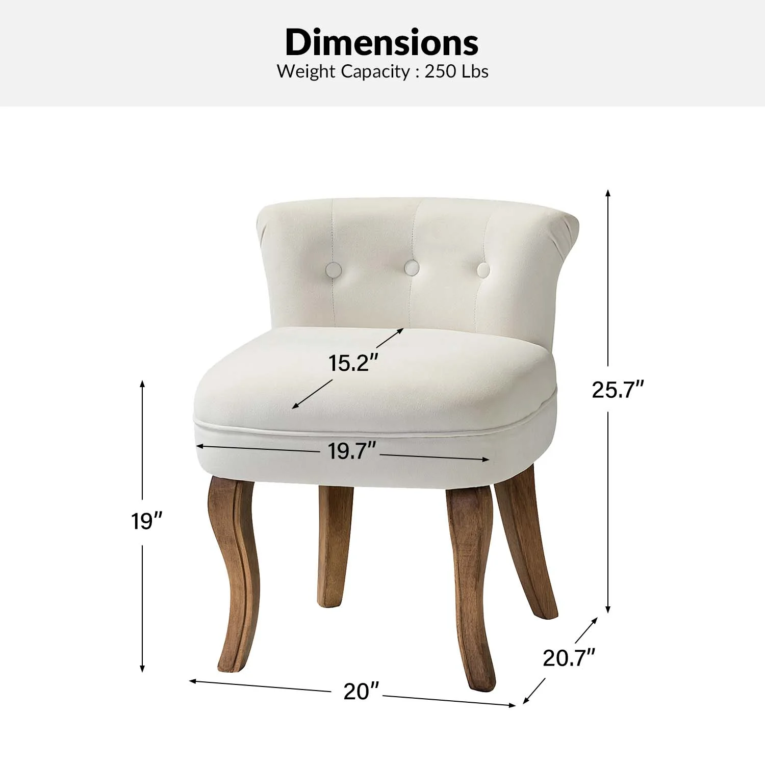 Makeup Vanity Stool Dressing Table Accent Chair Velvet Tufted Upholstered Cushioned Wood Leg Home Bedroom Living Room Ivory