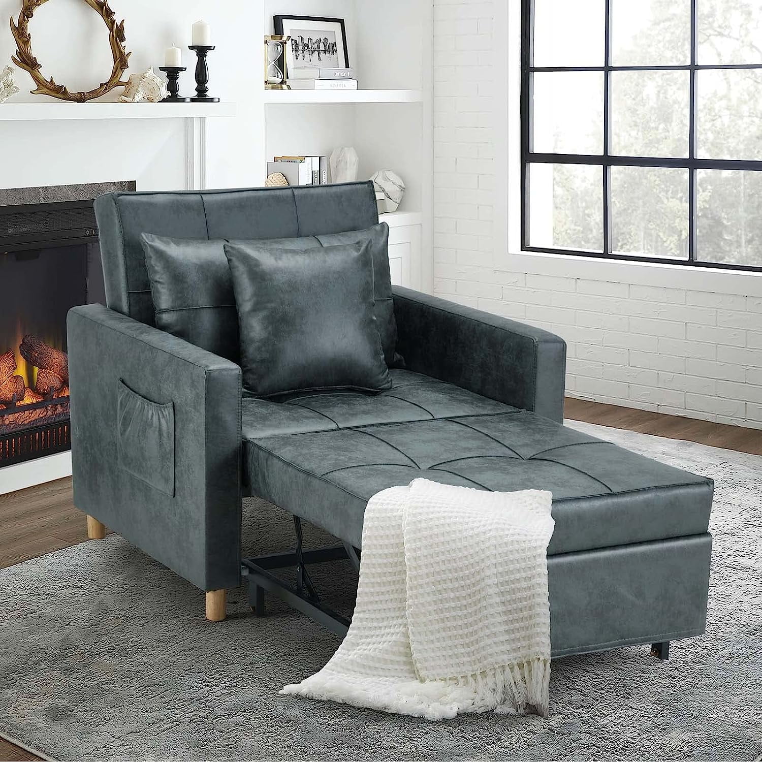 AECOJOY 3-in-1 Convertible Chair Bed Sleeper & Futon Sofa Bed Chair with Adjustable Backrest and 2 Pillows-Bronze Green