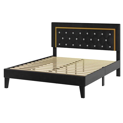 Full Size Bed Frame, Upholstered Platform Bed Frame with LED Light, Adjustable Headboard Tufted, No Box Spring Needed, Easy Assembly, Black