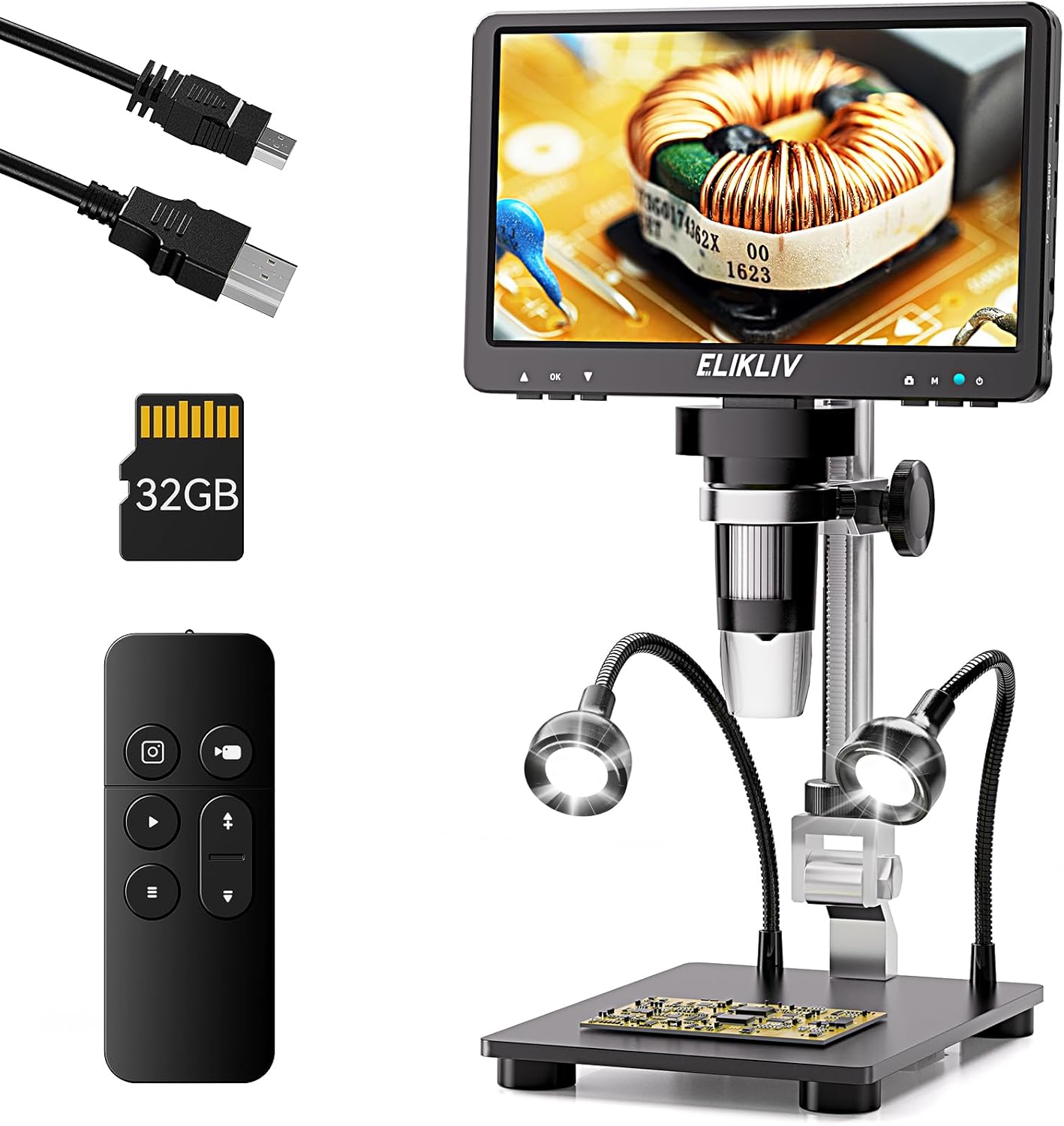 Elikliv EDM9 Pro 7" HDMI Digital Microscope, 1200X Coin Microscope for Adults,1080P Soldering Microscope,16MP Coin Magnifier,IPS Screen,10 LED Lights, Compatible with Windows/Mac OS