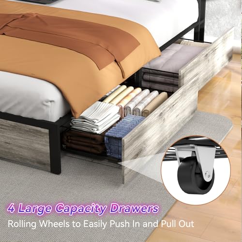 SADENICEL Queen Bed Frame with Storage Headboard and 4 Drawers, Metal Platform Bed Frame with LED Light, Charging Station, No Box Spring Needed, Noise Free, Easy Assembly, Vintage Brown