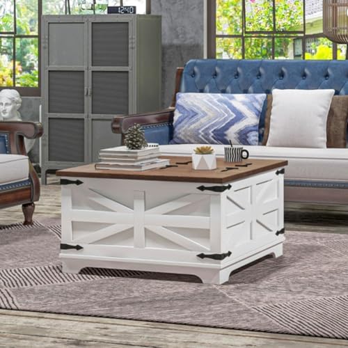 Farmhouse Square Storage Coffee Table with Hinged Lift Top Rustic Wood Center Table with Hidden Storage Compartment & Barn Door Panel Coffee Table for Living Room, Distressed White&Brown
