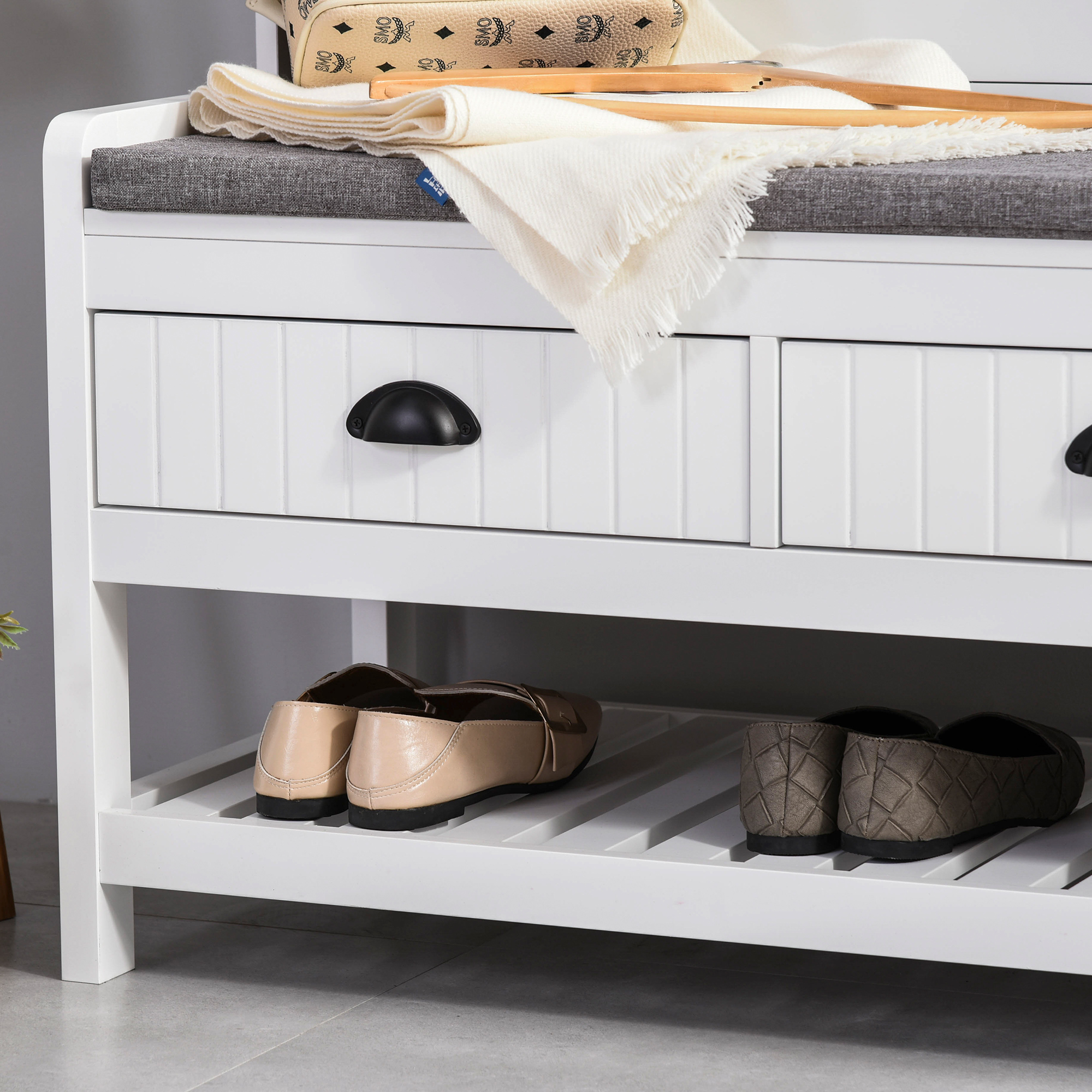 HOMCOM Hall Tree, Coat Rack and Bench Seat with 4 Hooks, 2 Drawers, White