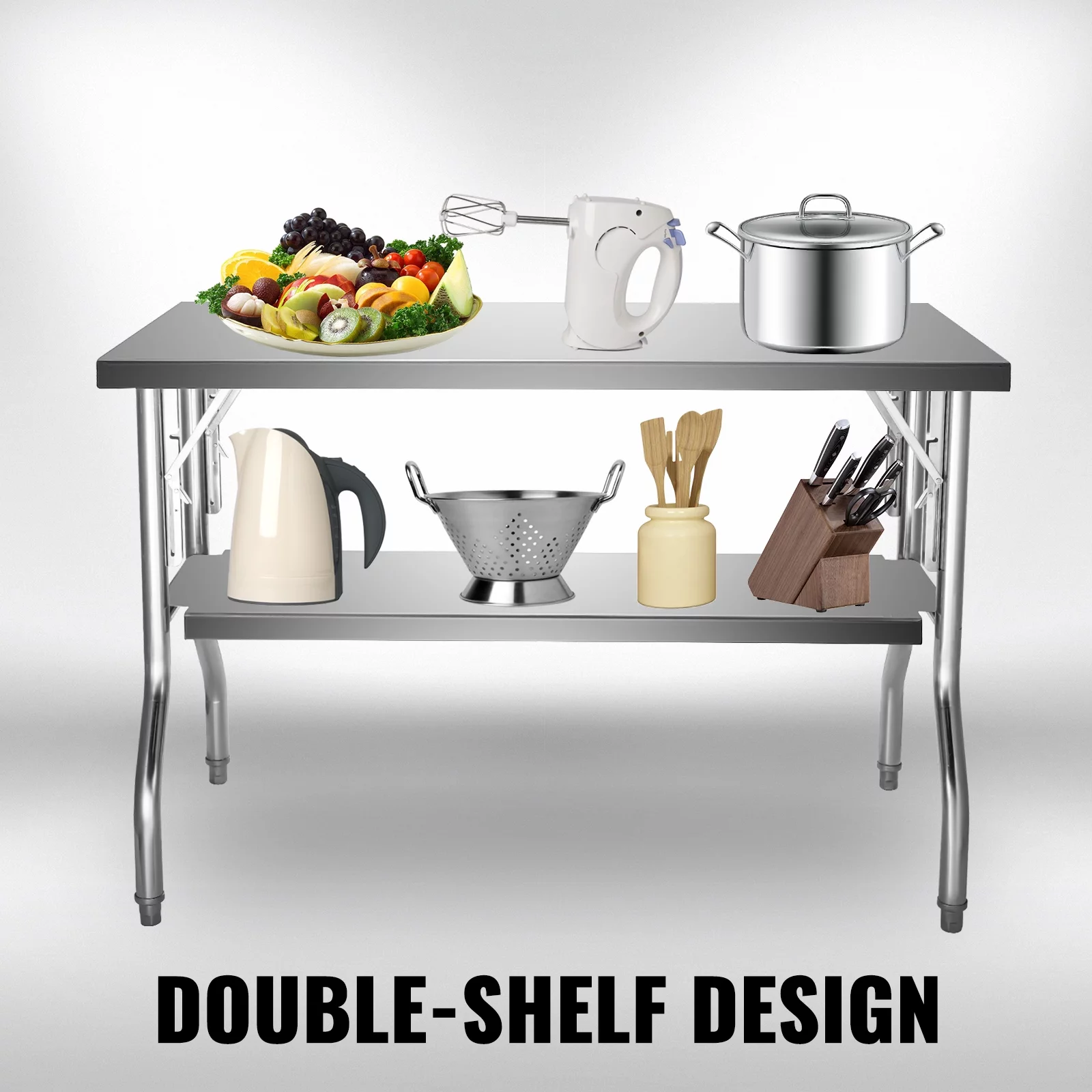 VEVOR Commercial Worktable Workstation 48 x 24 inch Folding Commercial Prep Table, Heavy-duty Stainless Steel Folding Table with 772 lbs Load, Kitchen Work Table, Silver Stainless Steel Kitchen Island