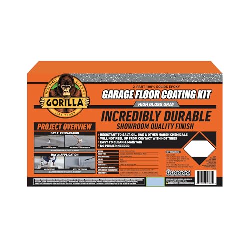 Gorilla Epoxy Garage Floor Coating (7 pc) Kit, 1-Car, Concrete Flooring, 100% Solids, Superior Adhesion, Incredibly Durable High Gloss Gray Finish, 275 sq. ft. Coverage