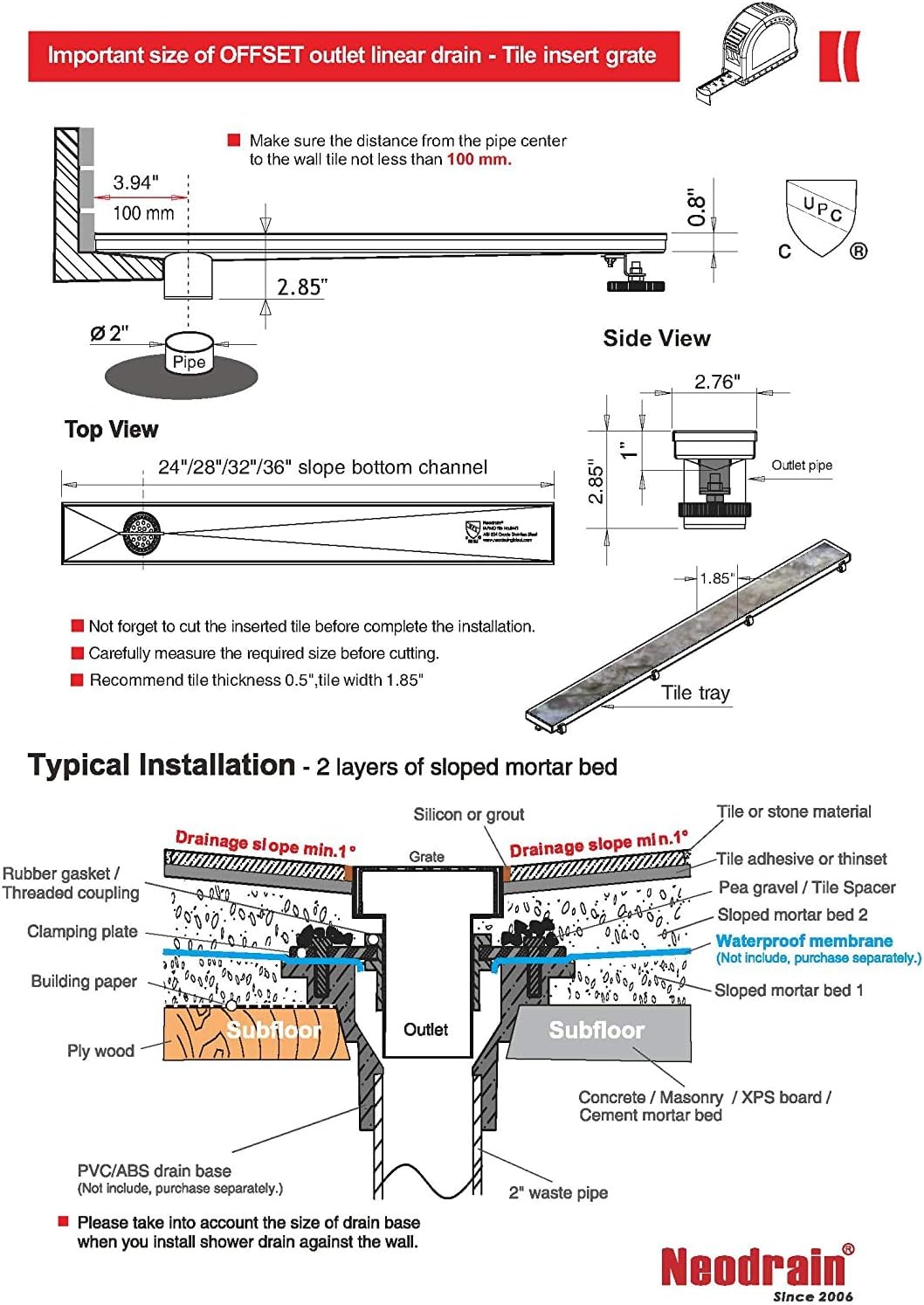 Neodrain 36-Inch Offset Linear Shower Drain with Tile insert Grate Cover, Brushed 304 Stainless Steel Rectangle Side Outlet Shower Floor Drain, Adjustable Leveling foot, Hair Strainer/catcher