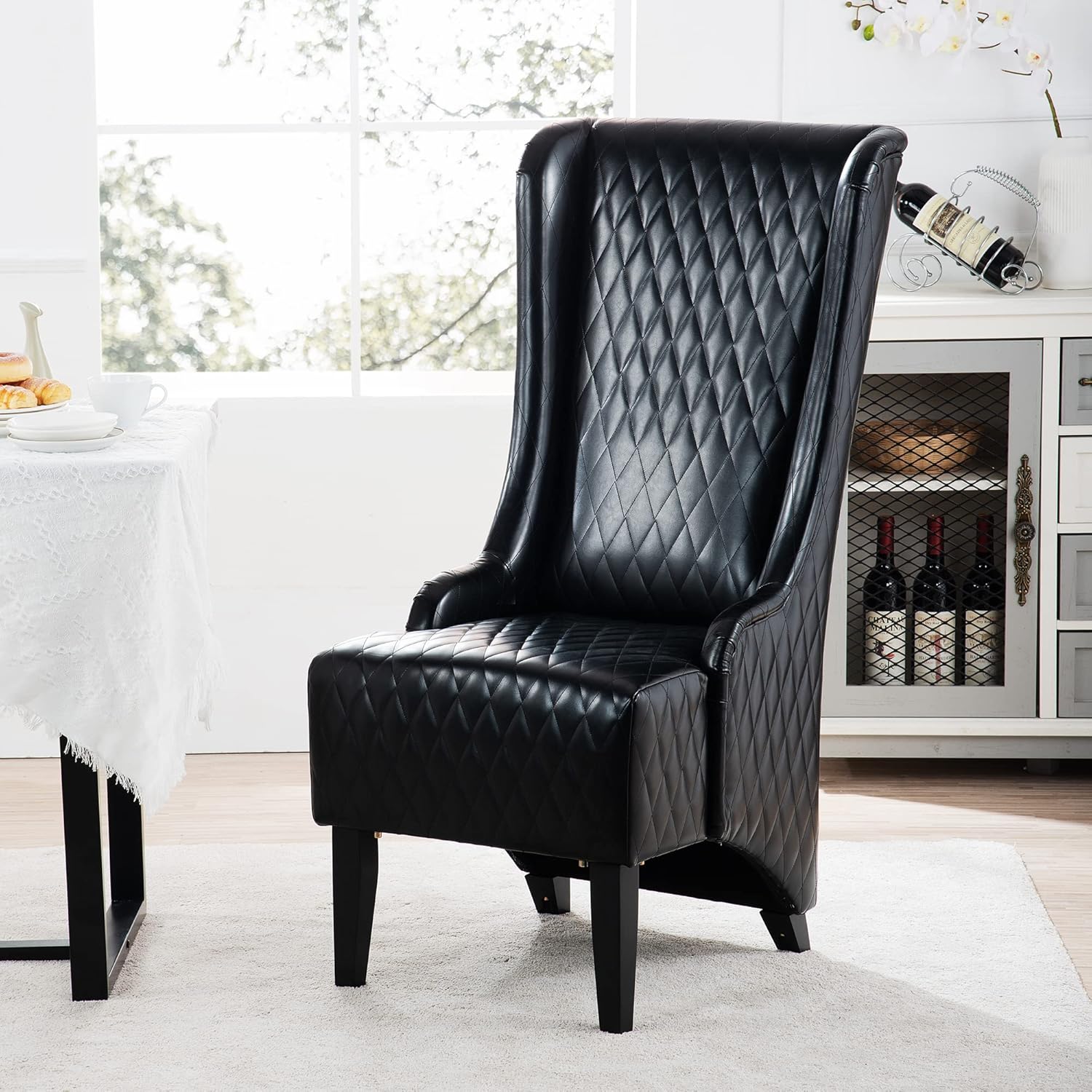 23.03" Wide Faux Leather High-Back Accent Chair, Comfy High Wingback Chair, Living Room Chair with Soft Padded & Wooden Legs, Modern Side Chair for Living Room, Bedroom, Black