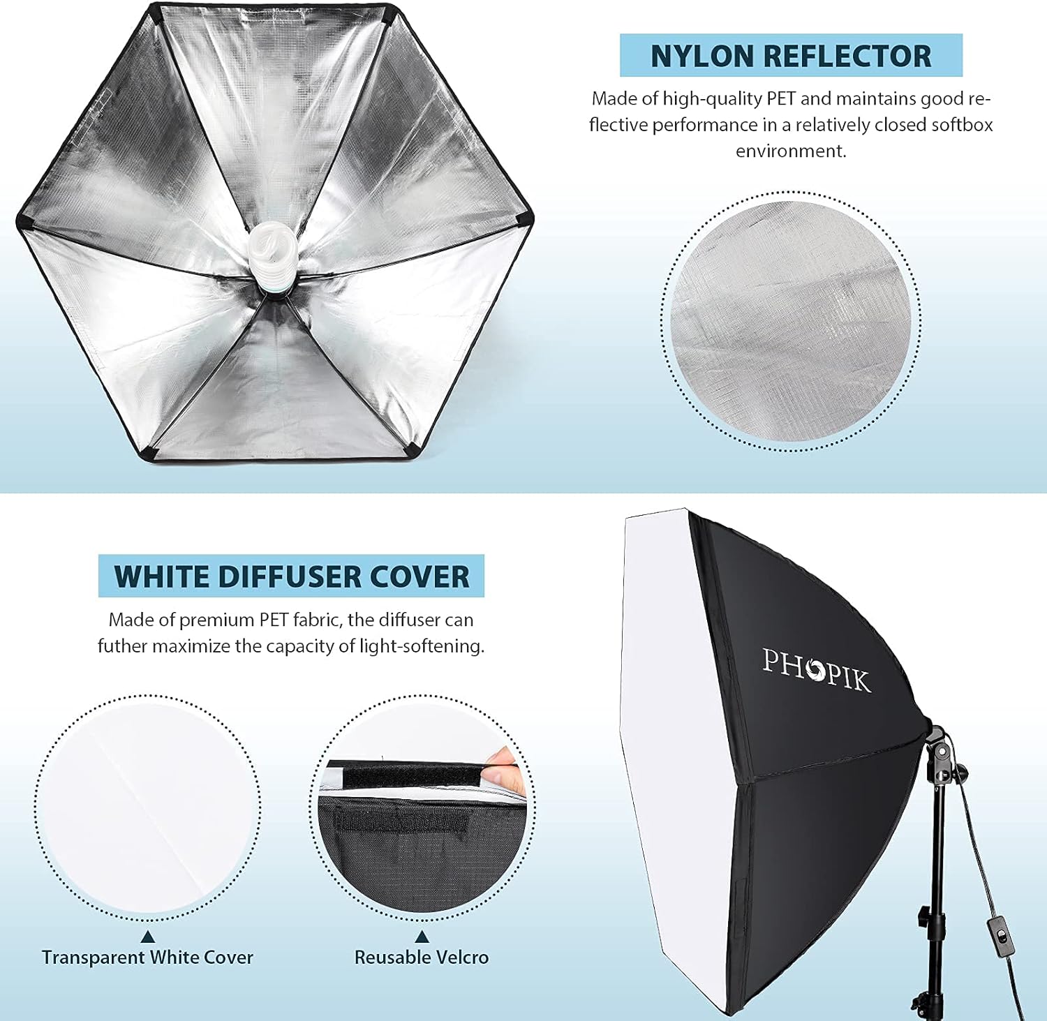 PHOPIK Softbox Photography Lighting Kit: Photo Studio Equipment 30 x 30 inches with E27 85W 5400K Light Bulb and Adjustable Height Light Stand for Filming Video, Photo Shooting and Streaming Pack of 2