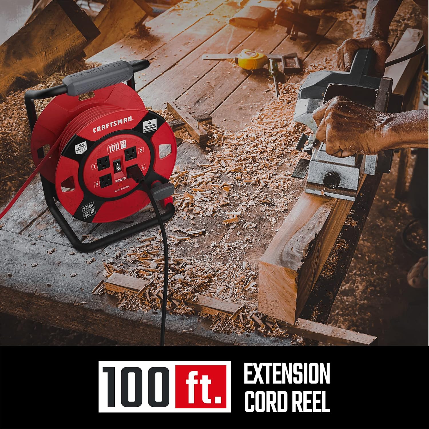 CRAFTSMAN Heavy Duty Retractable Extension Cord, 100 feet with 4 Outlets - 14AWG SJTW Cable - Outdoor Power Cord Reel