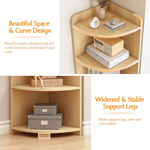 IOTXY 6-Tier Open Corner Shelf - 71" Tall Wooden Floor Standing Corners Bookshelf Rack Stand, Oak