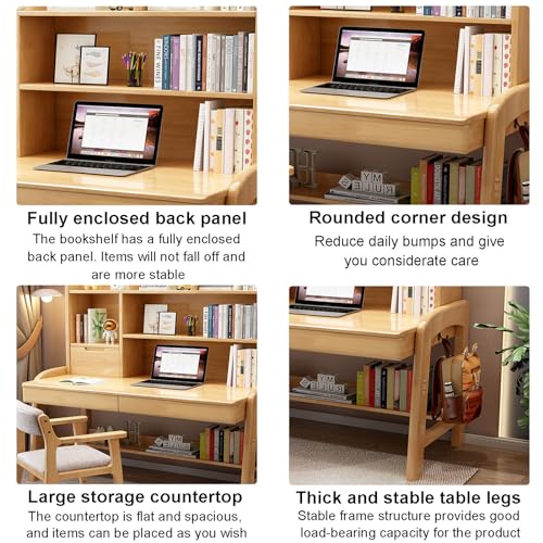 Solid Wood Writing Desk with Drawers and Shelf,Home Office Computer Desk with Hutch,Height Adjustable Student's Study Desk Workstation for Small Spaces(120x60x138cm(47x24x54in), White)