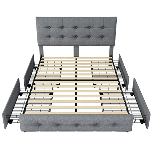 Queen Bed Frame with 4 Storage Drawers and Adjustable Headboard, Upholstered Platform Bed with Button Tufted Design, Strong Wooden Slats Support, No Box Spring Needed, Black