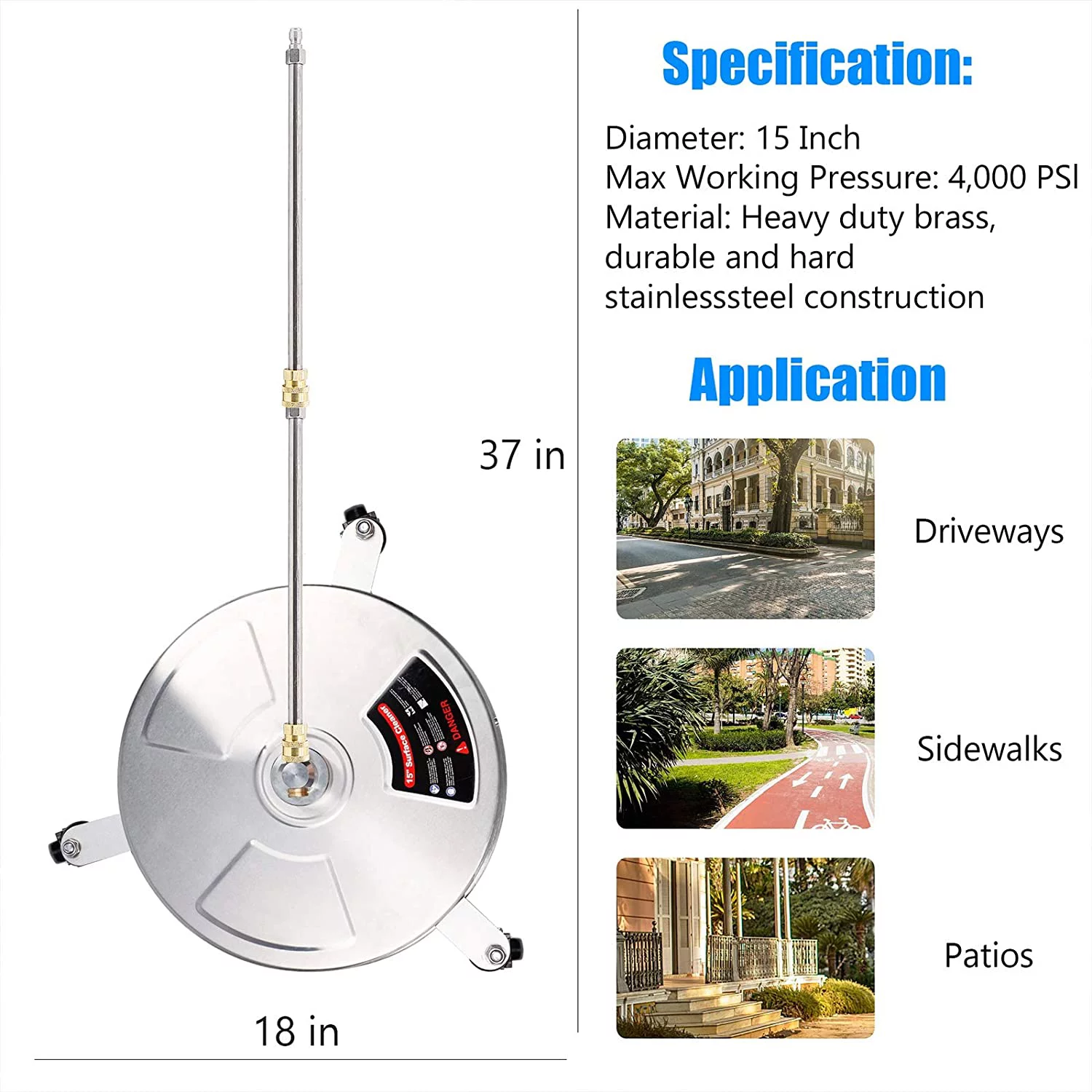 Twinkle Star 15" Pressure Washer Surface Cleaner with 3 Wheels, Stainless Steel Housing & 1/4" Quick Connector, Power Washer Attachment with 2 Extension Wand, 2 Replacement Nozzles, 4000 PSI