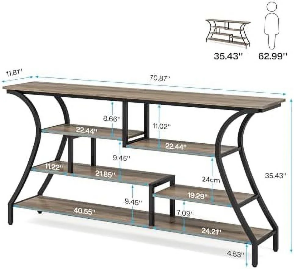 MQLIFEBOOM 70.9 Inch Extra Long Console Table  Industrial Narrow Sofa Table with  Shelves  4 Tier Entryway Table Behind Couch for Hallway Foyer Living Room (Grey) - Curated Treasures Market
