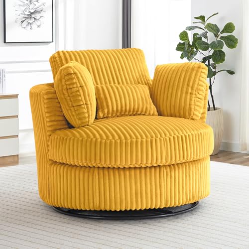 Chair and A Half with Ottoman, 360° Swivel Accent Barrel Chair Modern Comfy Round Reading Sofa Swivel Chairs Circle Lounge Chair for Bedroom Living Room w/4 Pillow Lower Seating Heigh (White, Large)