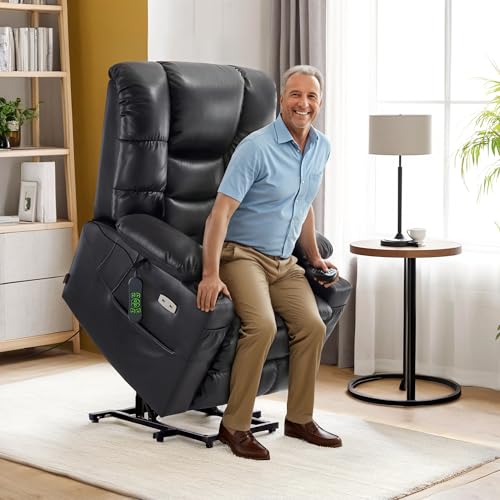 MCombo Large Triple Motor Power Lift Recliner Chair with Massage and Dual Heating, Adjustable Headrest for Tall Elderly People, Faux Leather 7634 (Dark Brown, Large)