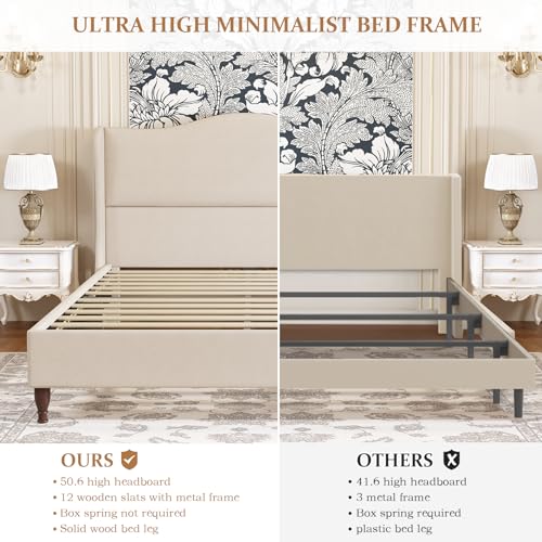 King Size Bed Frame Upholstered Platform Bed with 51" Tall Headboard Wingback, Linen Fabric, Retro Simple Style Platform Bed No Box Spring Needed, Easy Assembly, Beige