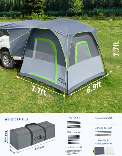 JOYTUTUS Dual-Use SUV Tent, SUV Camping Tent with Rainfly, Movie Screen and Four Steel Frame Poles, SUV Tailgate Tent with Awning Shade, Car Roof Canopy for SUV CUV Van