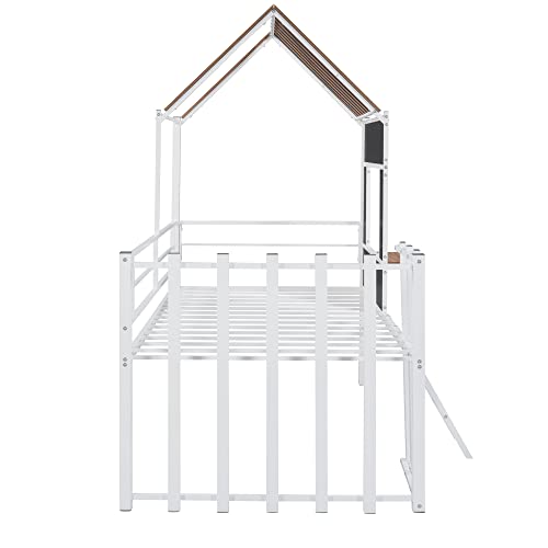 Harper & Bright Designs Kids House Beds Low Loft Bed Frame with Roof, Window, Guardrail and Ladder, Metal Twin Size Loft Bed for Kids Teens Girls Boys (Twin, White)