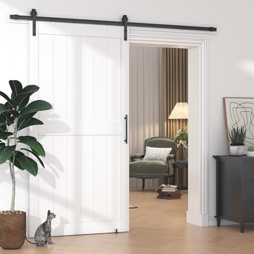 36 in x 84 in White Sliding Barn Door with 6FT Hardware Kit, Floor Guide and Handle Included, Waterproof PVC Surface, Pre-Drilled Holes Easy Assembly, H-Frame White