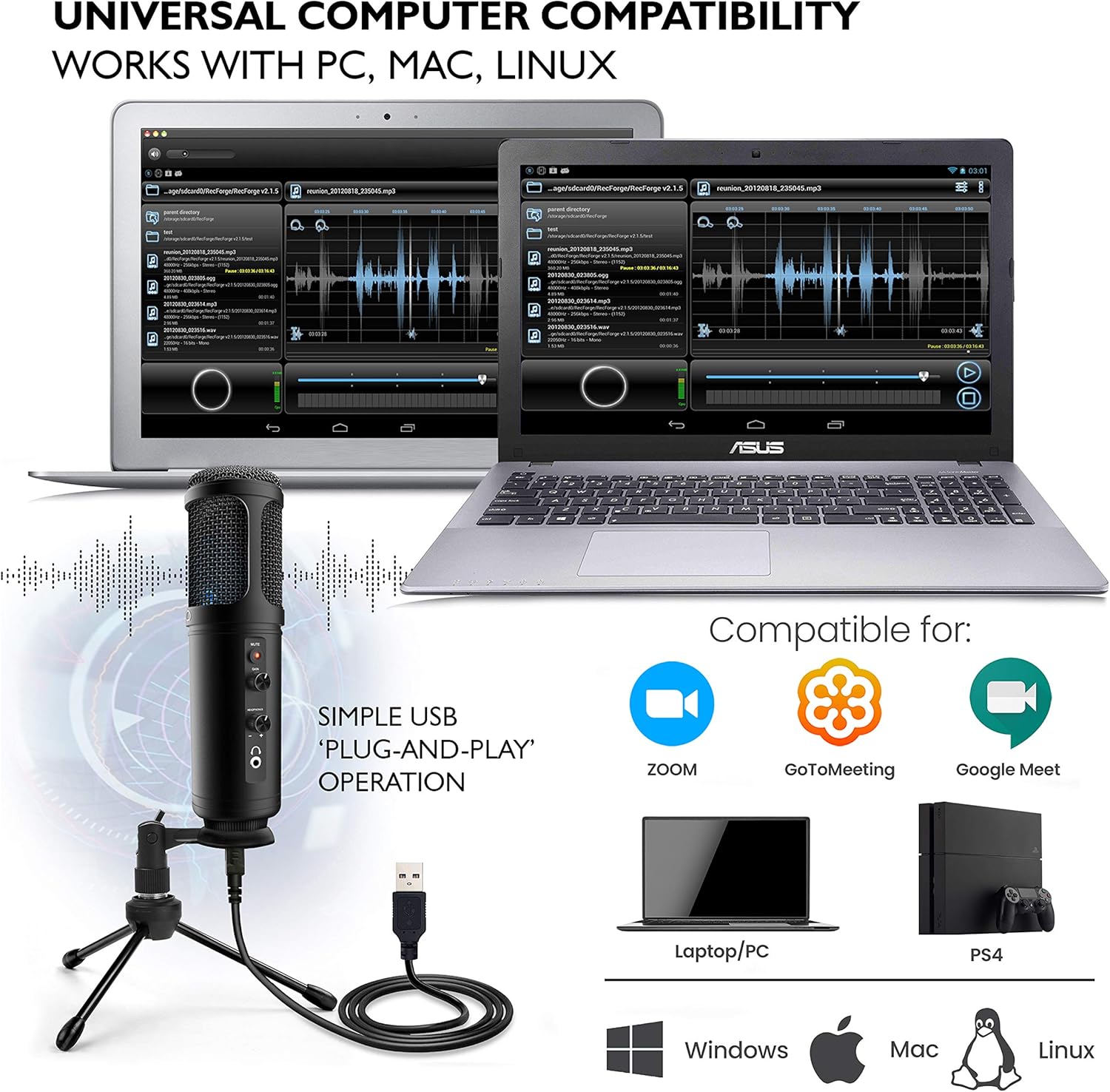 USB PC Recording Condenser Microphone - Blue LED, Adjustable Gain, Headphone Jack, Mute Control, Tripod Stand - Portable Pro Audio Condenser Desk Mic for Podcast Streaming Gaming - Pyle PDMIUSB50 Pack of 2