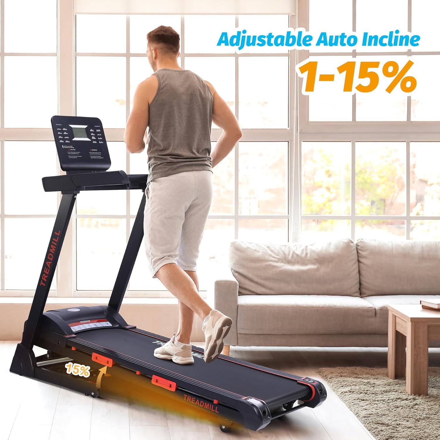 Treadmill with Auto Incline,Running Machine with Heart Sensor,3.5 HP Quiet Brushless,8.7 MPH, Shuttle Buttons,48*18in Running Area,Folding Treadmill for Home Office Indoor Cardio Exercise