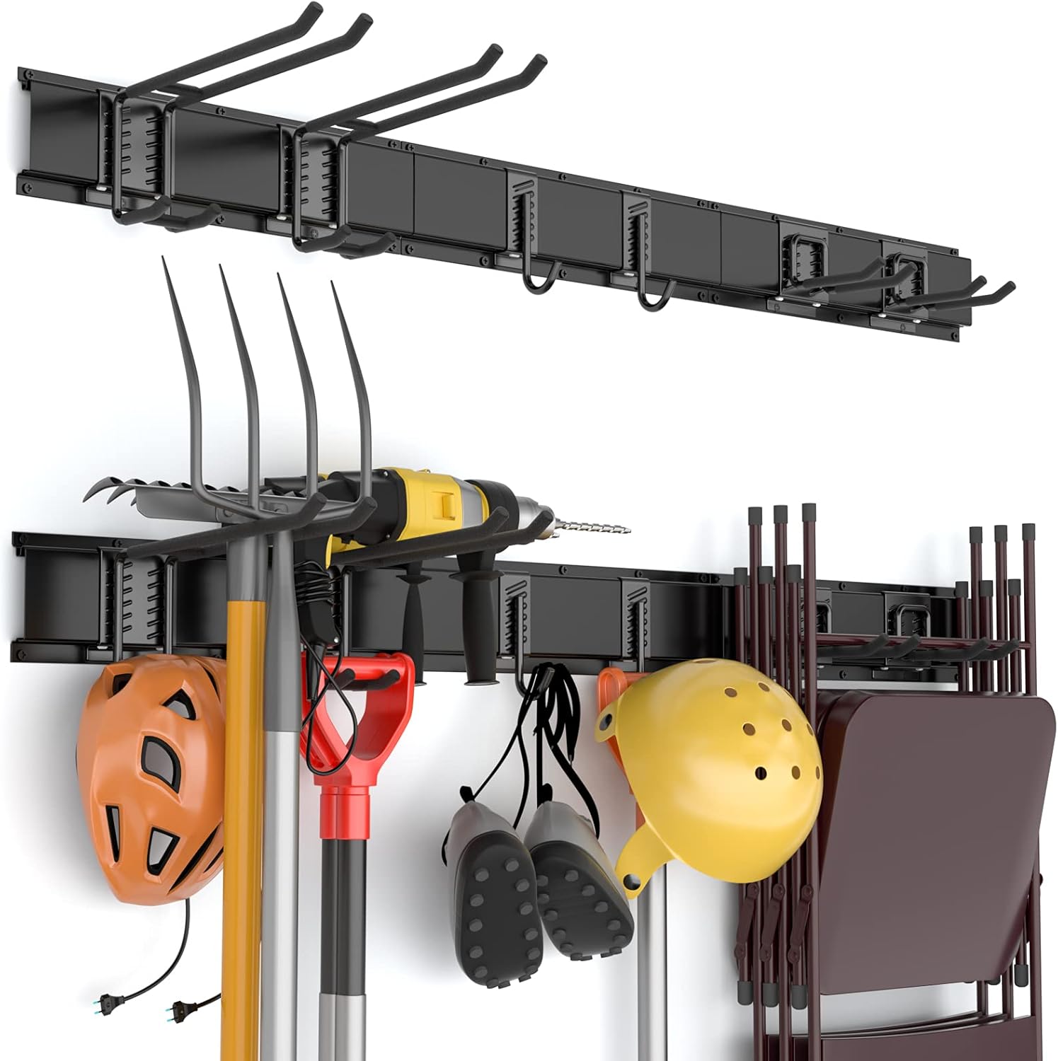 INCLY Garage Storage, Wall Mounted Garden tool Organizer Systems, 48 Inch Heavy Duty Tool Storage Rack for Garage Wall with 6 Adjustable Hooks and 3 Rails Pack of 2