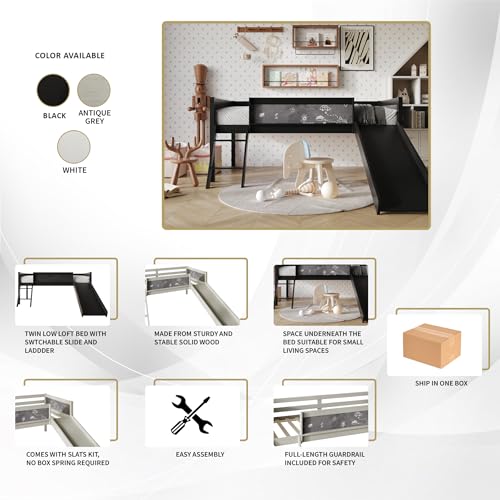 Low Loft Bed with Slide, Climbing Ladder, Chalkboard, Wood Twin Loft Bed Frame with Guardrail for Kids Toddler Boys Girls, Antique Gray