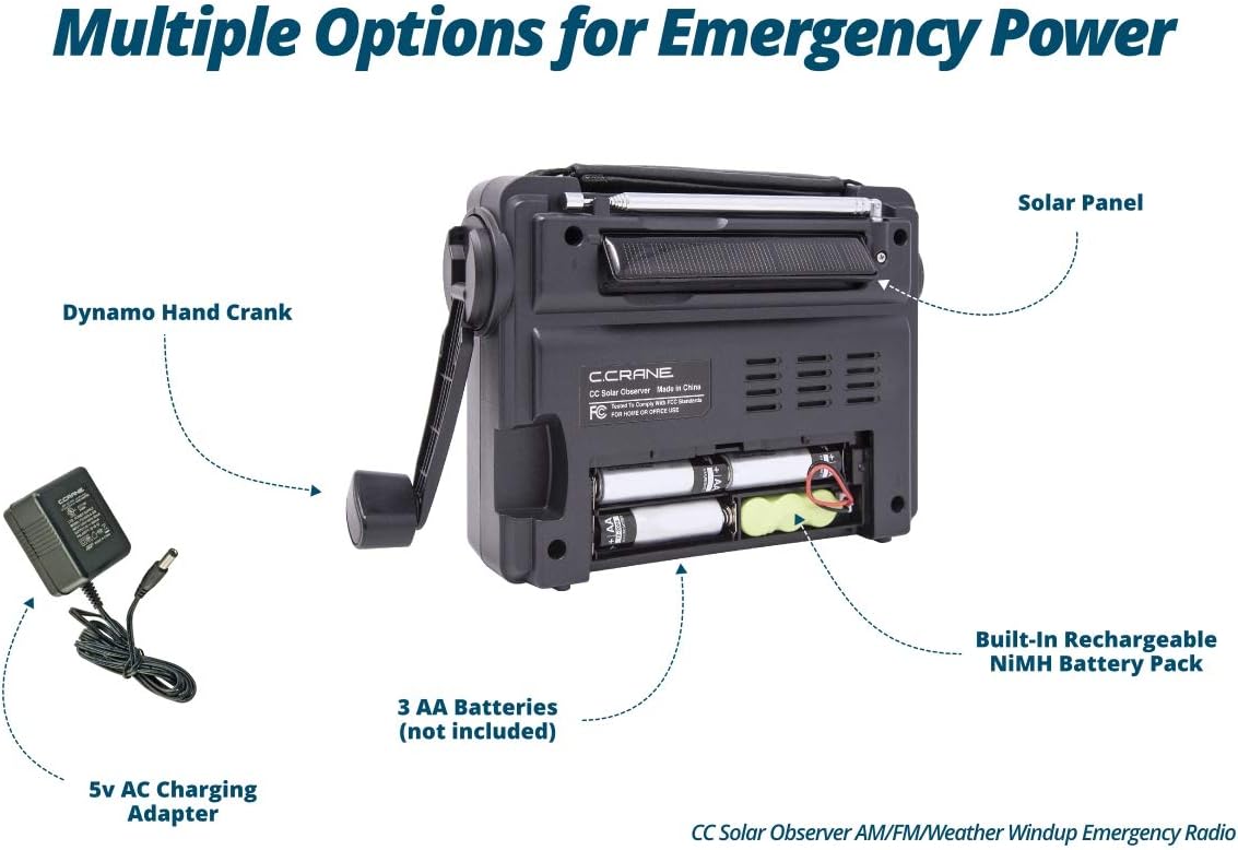 C. Crane CC Solar Observer Wind Up Solar Emergency Crank Radio with AM, FM, NOAA Weather, Built in LED Flashlight, Cellphone Charger and AC Adapter Pack of 2