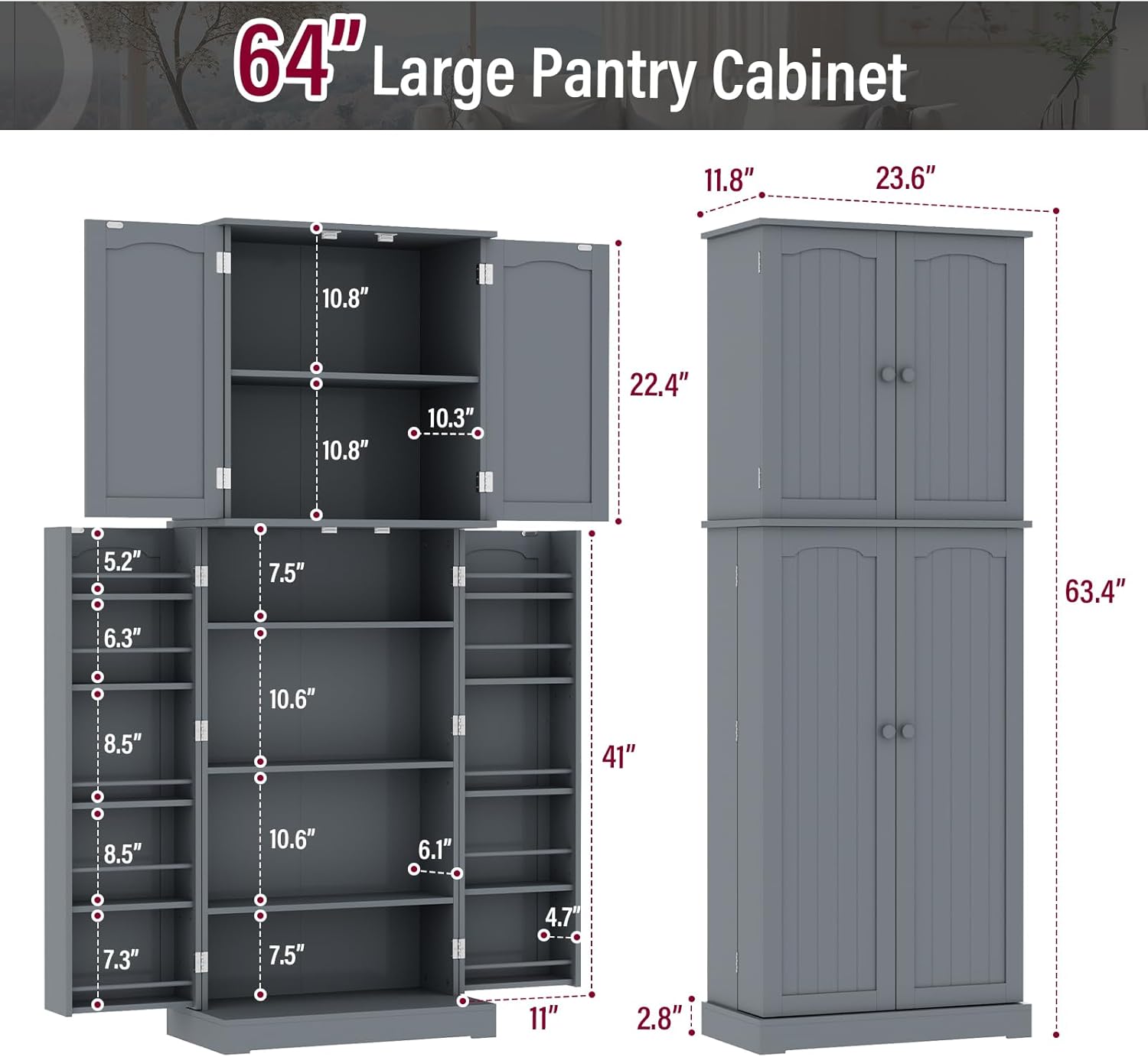 HOME BI 64" Kitchen Pantry Cabinet, Tall Freestanding Pantry Storage Cabinet, Food Pantry Cabinets with Doors and Shelves for Home Kitchen, Dining Room, Living Room, Gray.