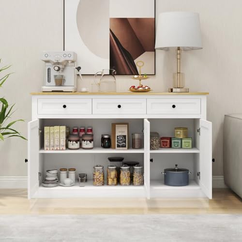 Buffet Cabinet Storage Sideboard Farmhouse Server Bar Wine Cabinet with 3 Drawers & 3 Doors Adjustable Shelves for Dining Living Room White