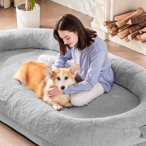 Human Dog Bed for People Adults, Giant Foldable Bean Bag Bed with Blanket, Washable Faux Fur Nap Floor Bed Adult for People, Pets Removable Large Memory Foam Human Sized Dog Bed Black
