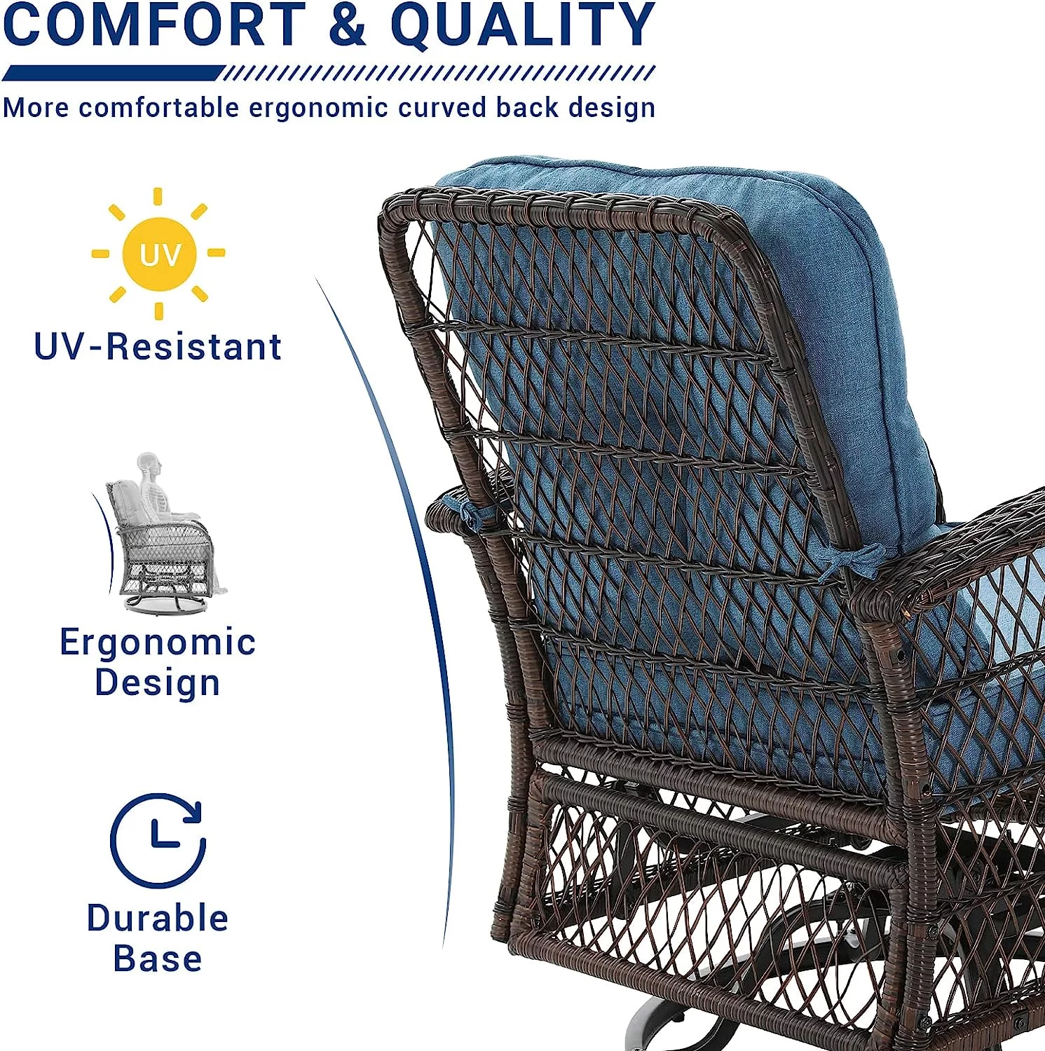 UDPATIO 3 Pieces Patio Furniture Set, Outdoor Swivel Gliders Rocker, Wicker Patio Bistro Set with Rattan Rocking Chair, Glass Top Side Table and Thickened Cushions for Porch Deck Backyard (Navy)