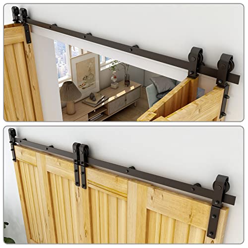 14FT Bi-Folding Sliding Barn Door Hardware Kit for 4 Doors,Slide Smoothly Quietly,Black Track J Shape Roller,No Door