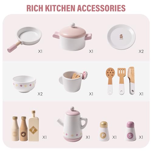ROBUD Play Kitchen Set, Wooden Play Kitchen with Ice Maker, Fridge, Coffee Machine, Oven, Dishwasher, Microwave, Kitchen Accessories, Toy Kitchen Gift for Boys Girls, 3+