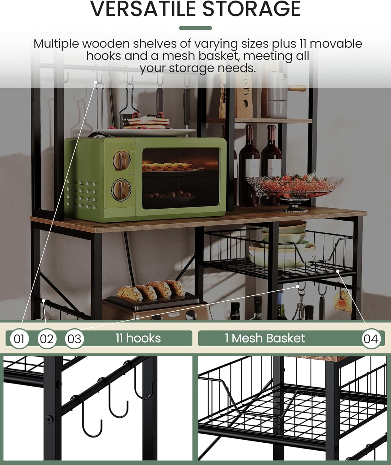 Kitchen Bakers Rack with Power Outlet, Microwave Stand with Multiple Shelves, Floor Standing Bakers Rack, Coffee Bar with Mesh Basket, for Kitchen, Dining Room, Rustic Brown and Black THB01UBF