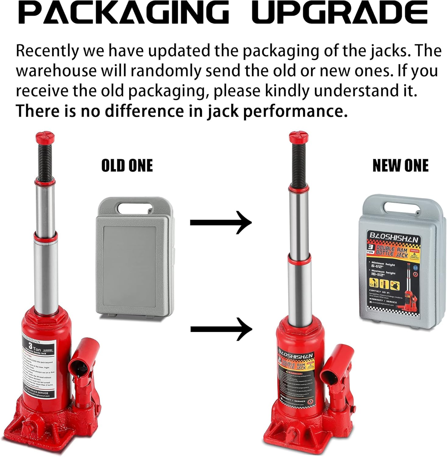 BAOSHISHAN 3 Ton Double Ram Bottle Jack 6-1/2 to 16-1/2 Lifting Range Portable Hydraulic Jack with Carrying Case