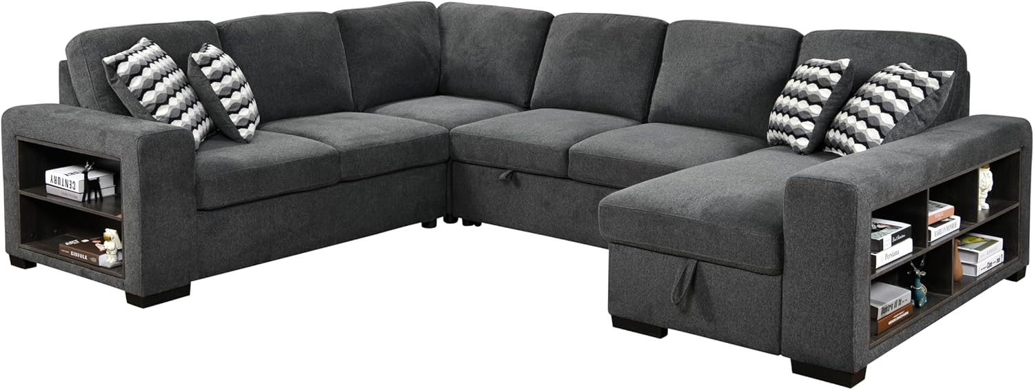 Sectional Modern Sofa Couch with Storage Cabinet 125" U Shape Oversized Sectional Sofa Bed Couches Adjustable Headrest Sleeper Sofa for Living Room,Large Space Dorm,Grey