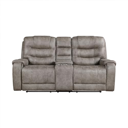 Lexicon Recliner Sofa for Living Room, Double Recliner RV Couch, Manual Wall Hugger Recliner Home Theater Seating Microfiber Reclining Sofa, 76.5''W Loveseat with Center Console, Grayish Brown