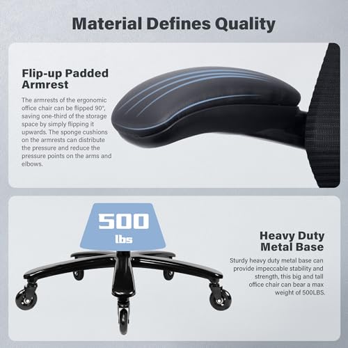 500lbs Big and Tall Office Chair - Heavy Duty Mesh Ergonomic Desk Chair, High Back Computer Chair - Flip-up Armrests, Wide Thick Seat Cushion, Quiet Wheels