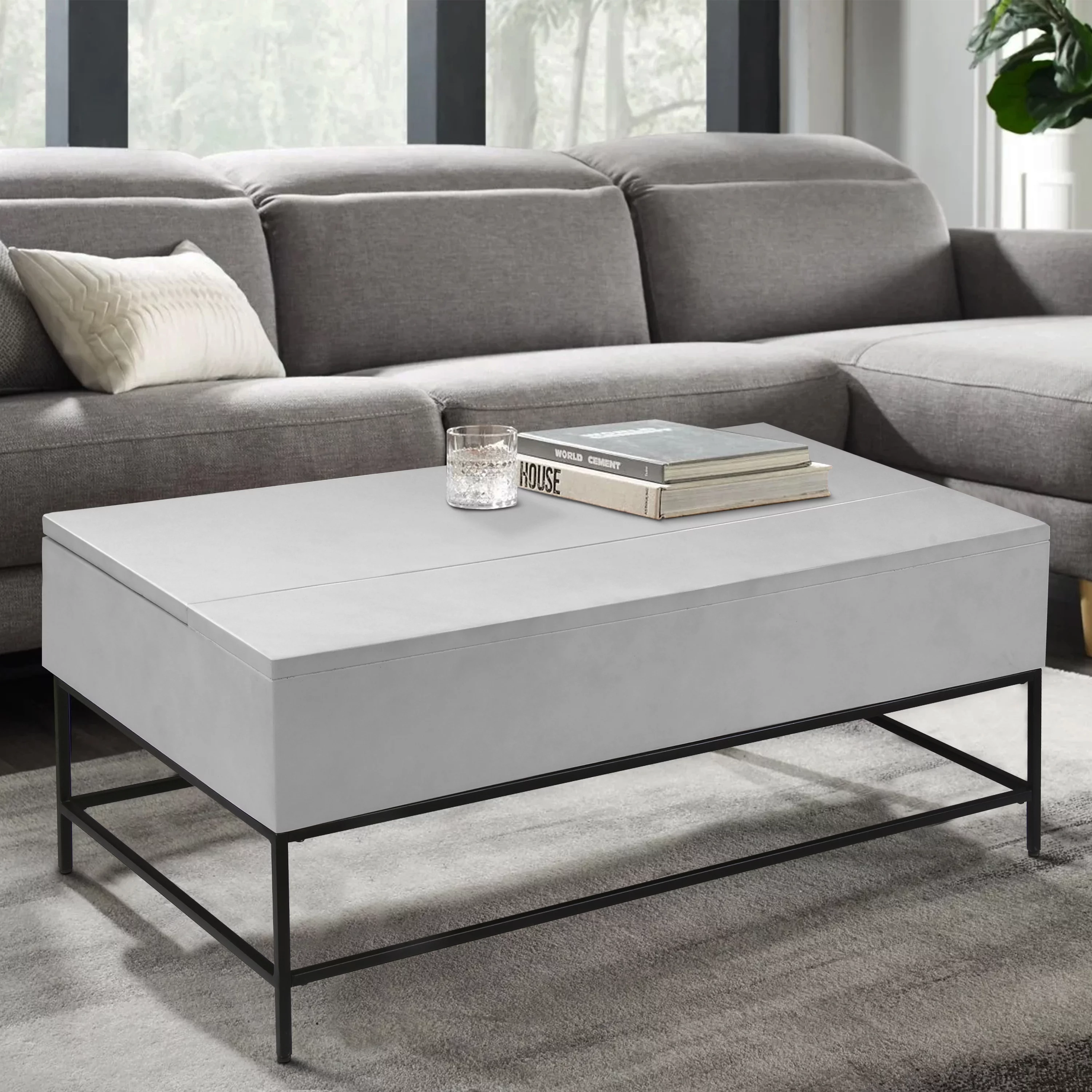 45 Inch Rectangular Mango Wood Coffee Table, Lift Top Storage, Iron Frame, White, Black