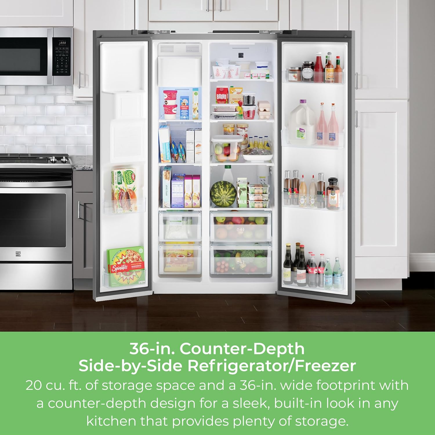 Kenmore 46-51805 Counter-Depth Side Refrigerator/Freezer with Stainless Steel, Water Dispenser, Ice Maker, Quiet and Energy Efficient Inverter Compressor, 36 Inch