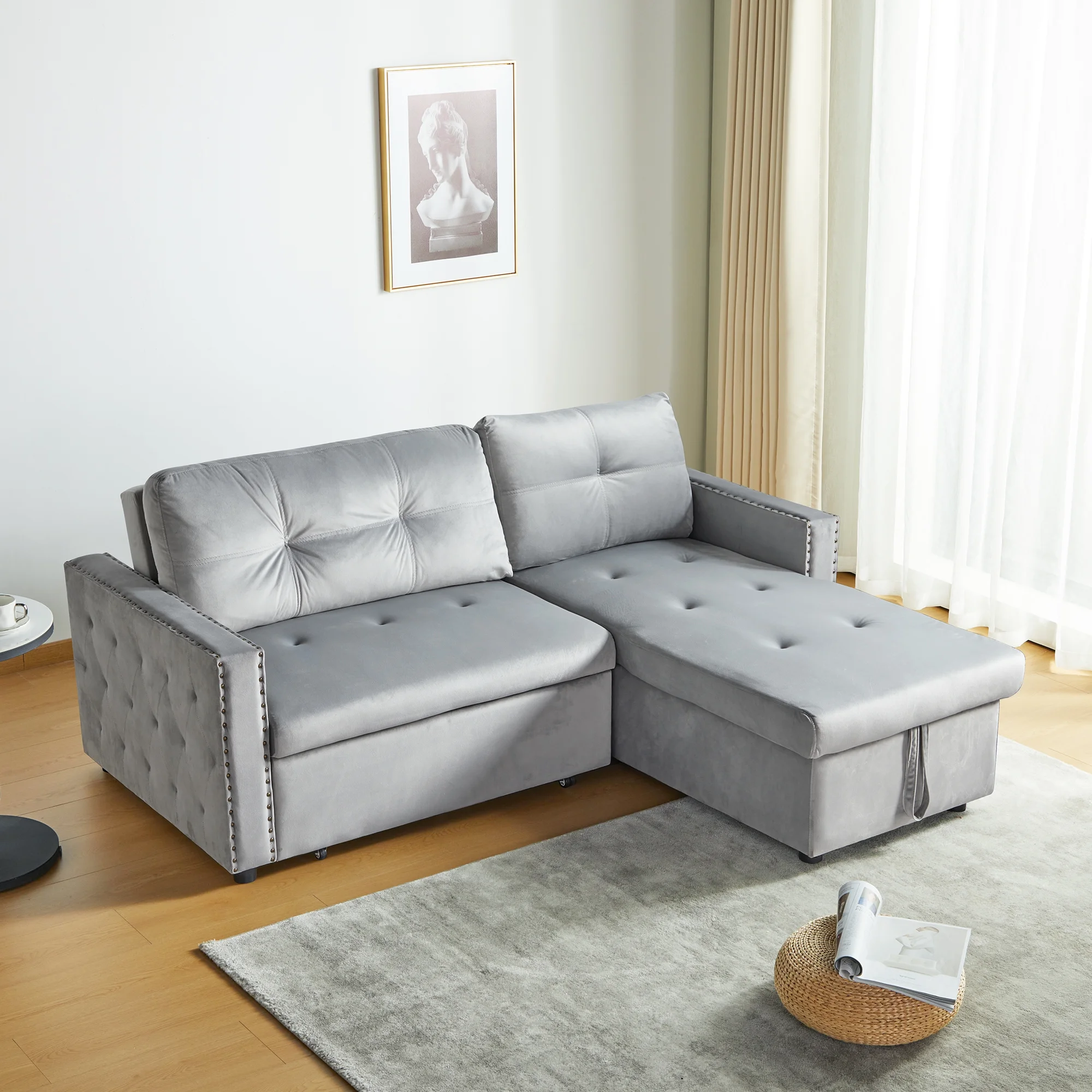 Giratree 3-in-1 Sofa Bed King Size, L Shaped Couch with Storage, Double Chaise Lounge Bed, Gray