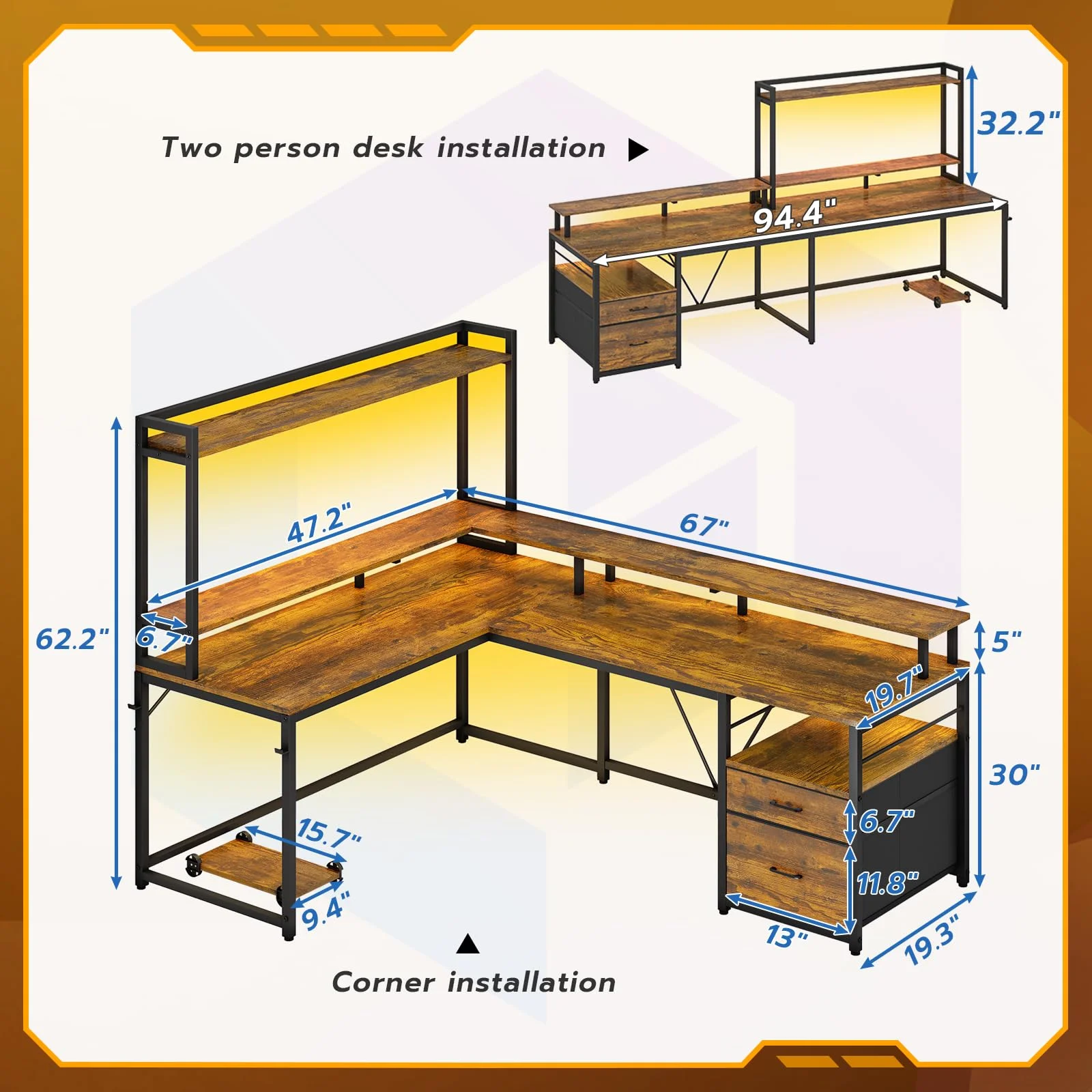 SEDETA 94.4" L Shaped Desk with Hutch, Home Office Desk with File Drawers, Keyboard Tray, Monitor Stand, Storage Shelves, Rustic Brown