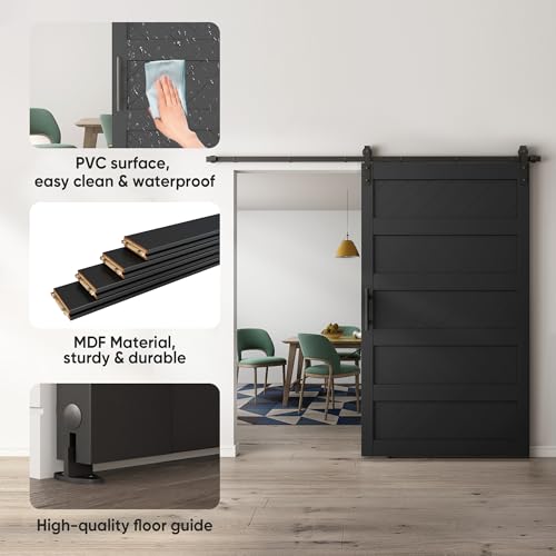JUBEST 36" x 84" Barn Door, Slding Barn Door Kit Wave Shape Barn Door Panel with Hardware Kit Include, Easy Installation, Solid Wood, MDF & PVC Covered, Black