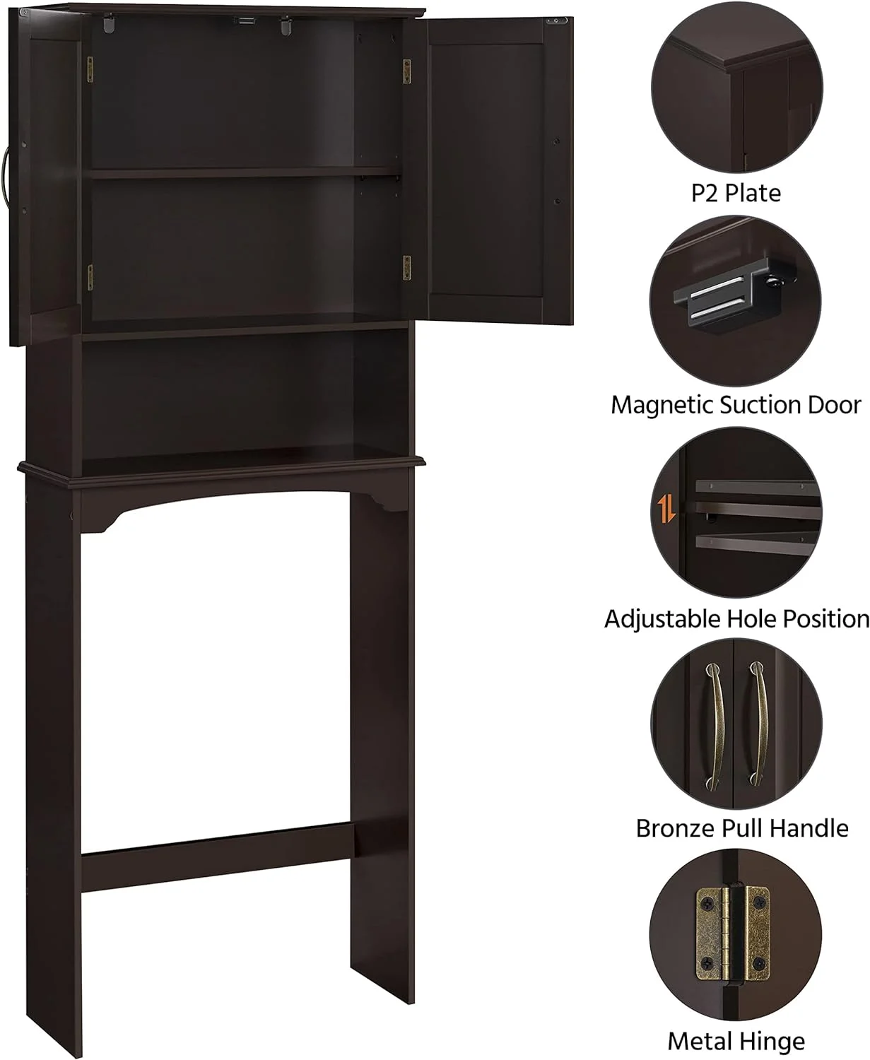 Over The Toilet Storage Cabinet Bathroom Organizer With Adjustable Shelf & Double Doors For Toilet, Home Space-Saving Furniture, L24.5Xw9xh66 Inches, Espresso